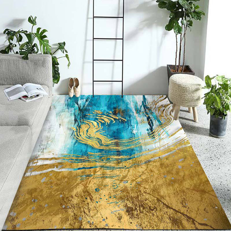 Blue and Gold Bedroom Rug Modern Abstract Pattern Area Rug Polyester Stain-Resistant Carpet