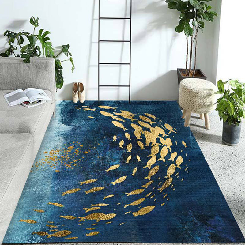 Blue and Gold Bedroom Rug Modern Abstract Pattern Area Rug Polyester Stain-Resistant Carpet