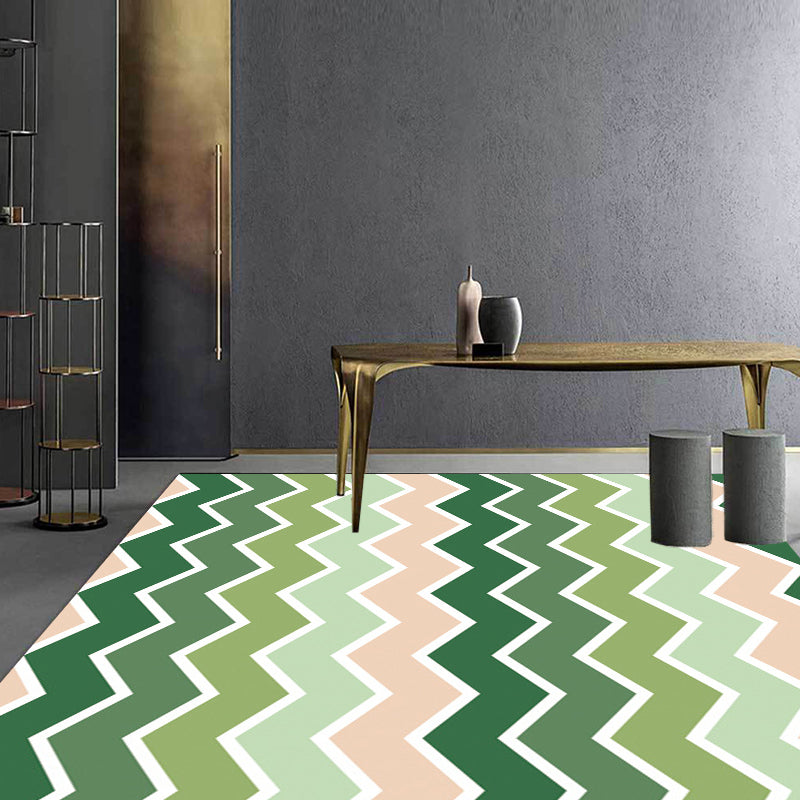 Green Bedroom Rug Modern Stripe Wave Pattern Area Rug Polyester Washable Non-Slip Backing Carpet