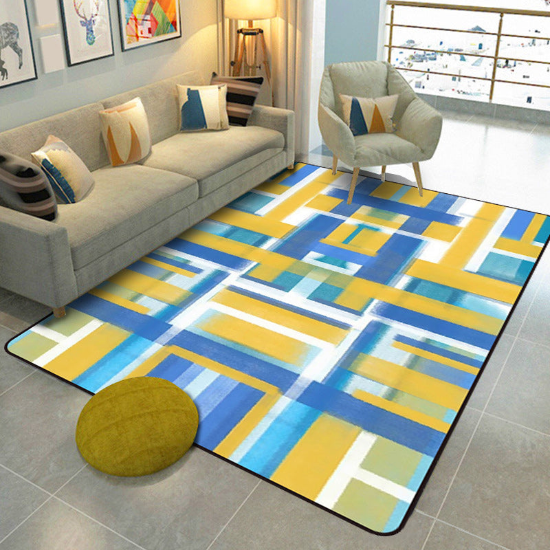 Casual Modern Rug in Black and Blue Abstract Rectangle Pattern Rug Polyester Pet Friendly Carpet for Home Decoration