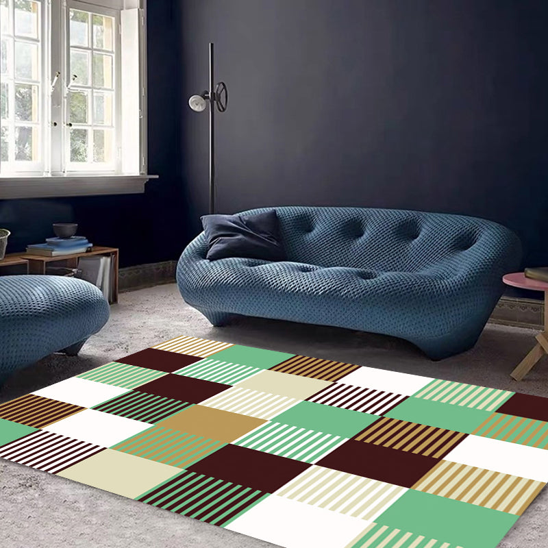Modern Living Room Rug in Green and Pink Plaid Stripe Print Rug Polyester Machine Washable Area Rug
