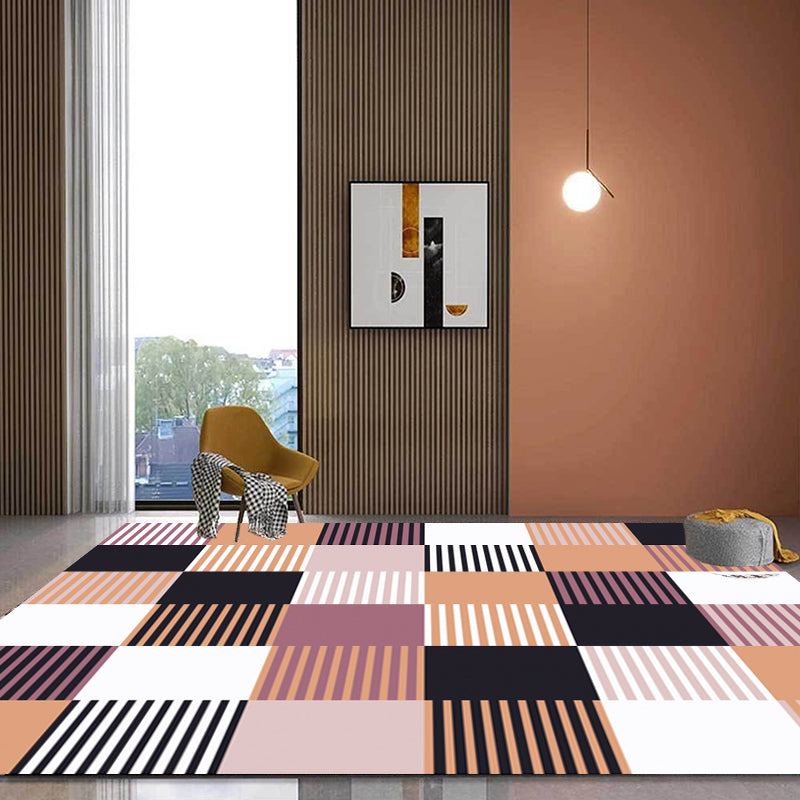 Modern Living Room Rug in Green and Pink Plaid Stripe Print Rug Polyester Machine Washable Area Rug