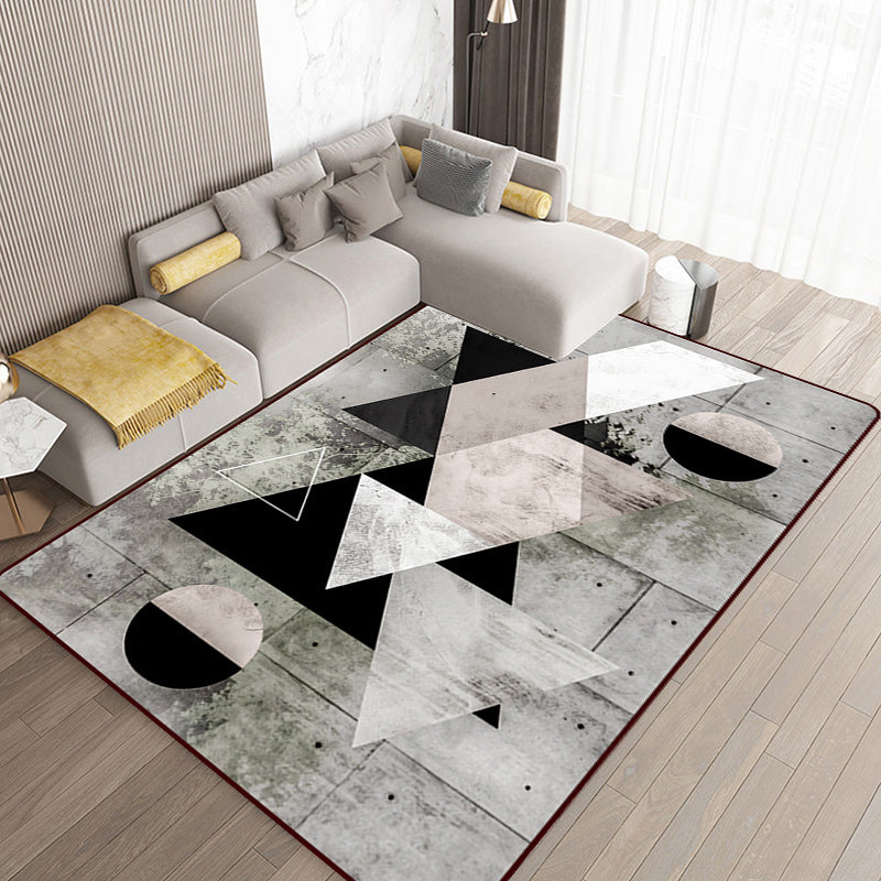 Grey Bedroom Rug Modern Color Block Geometry Pattern Area Rug Polyester Anti-Slip Backing Carpet