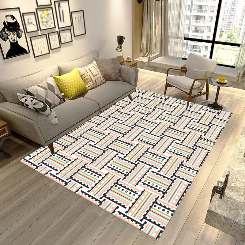 Pink Bedroom Rug Modern Stripes Pattern Area Rug Polyester Washable Anti-Slip Backing Carpet