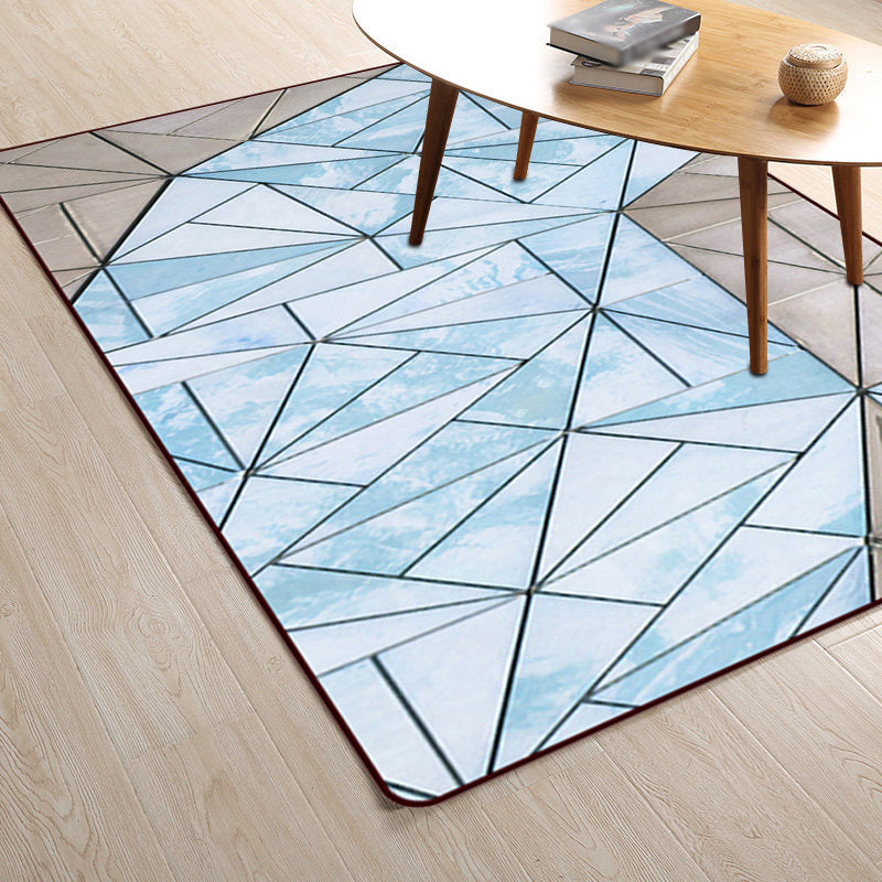 Simple Modern Rug in Blue Colorblock Triangle Pattern Rug Polyester Washable Carpet for Home Decoration