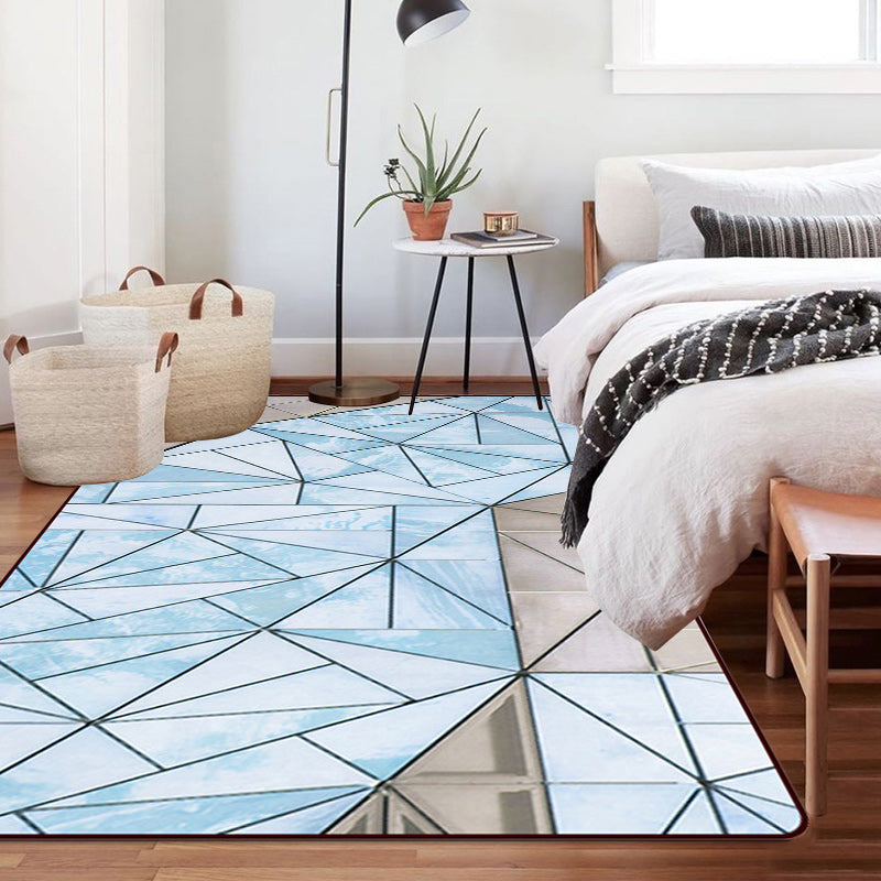 Simple Modern Rug in Blue Colorblock Triangle Pattern Rug Polyester Washable Carpet for Home Decoration