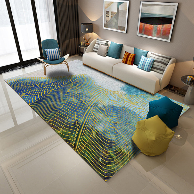 Simple Modern Rug in Grey and Brown Abstract Curved Line Pattern Rug Polyester Washable Carpet for Home Decoration