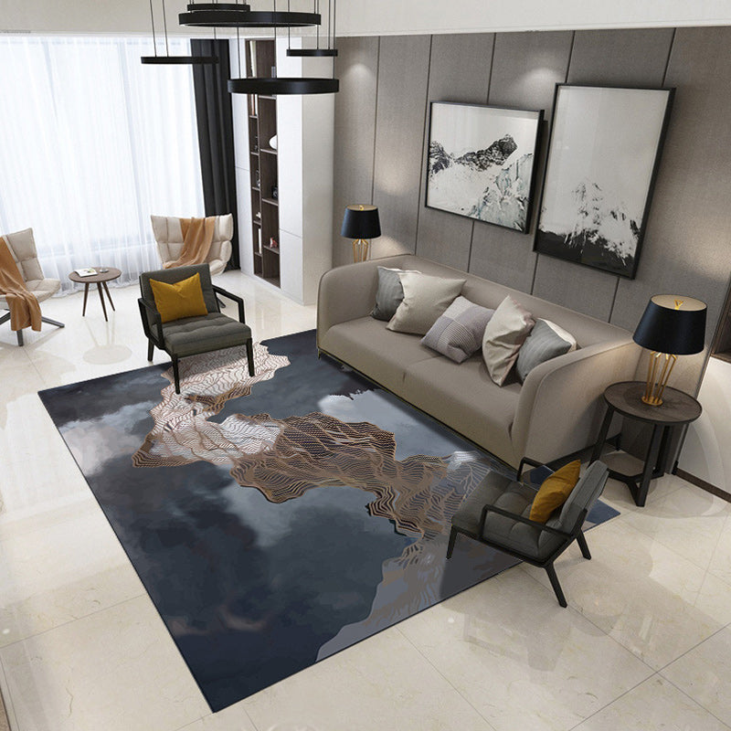 Simple Modern Rug in Grey and Brown Abstract Curved Line Pattern Rug Polyester Washable Carpet for Home Decoration