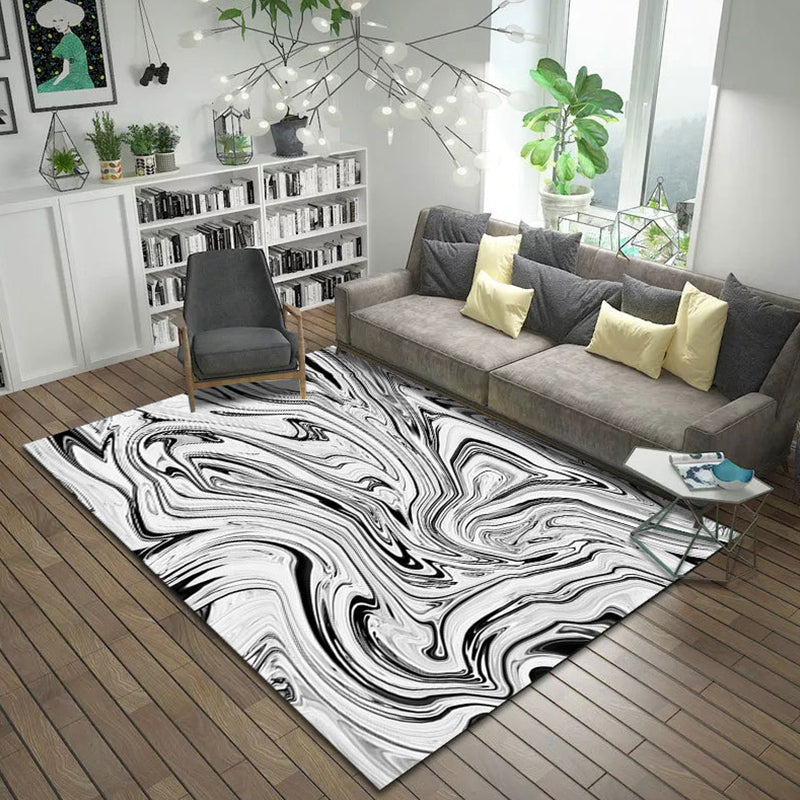 Simple Modern Rug in White and Black Abstract Painting Pattern Rug Polyester Anti-Slip Carpet for Home Decoration