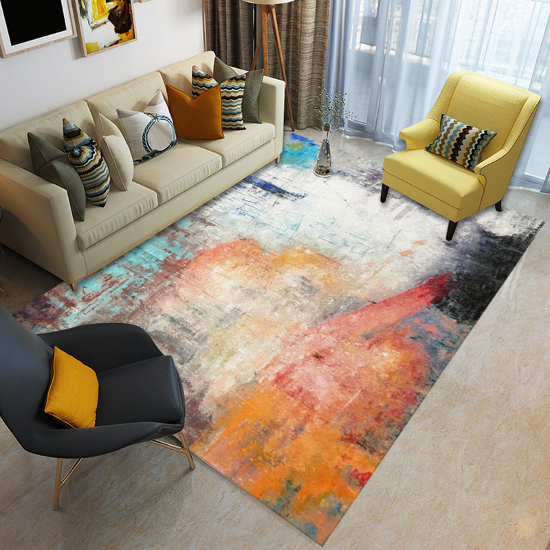 Blue and Orange Bedroom Rug Modern Abstract Painting Pattern Area Rug Polyester Stain-Resistant Carpet