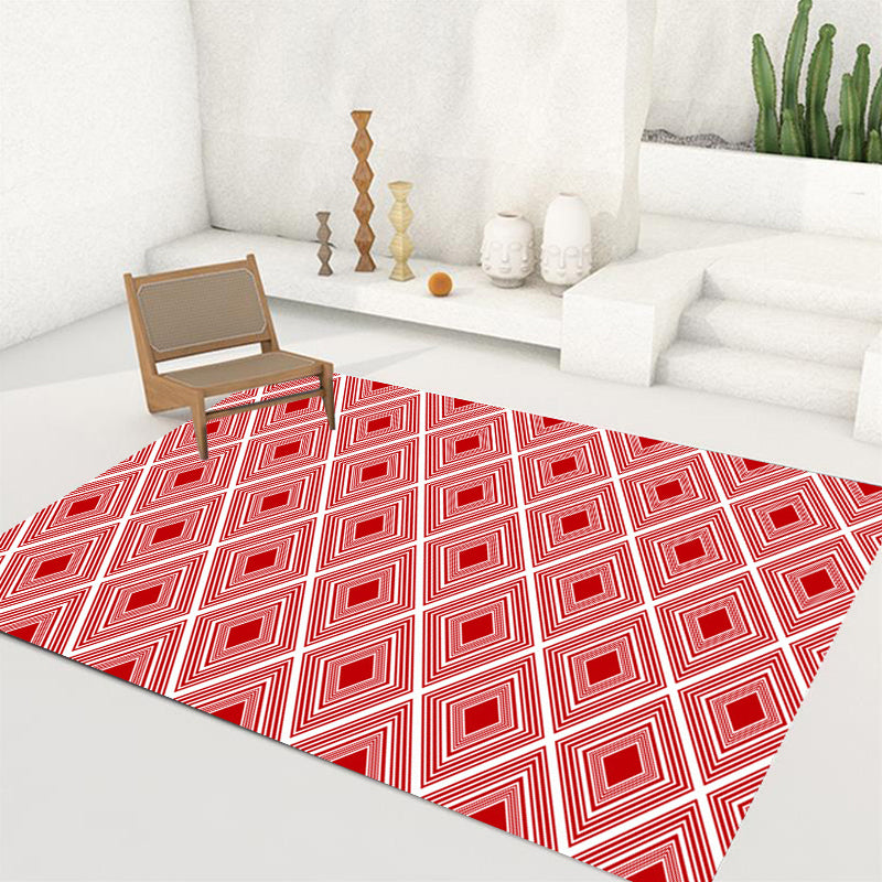 Red Bedroom Rug Modern Plaid Diamond Pattern Area Rug Polyester Washable Stain-Resistant Carpet