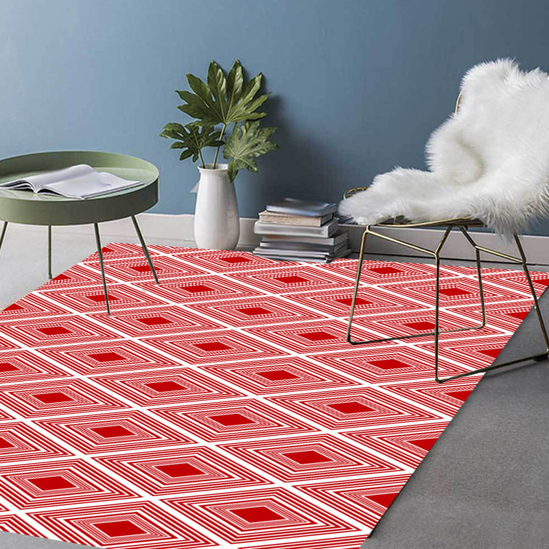 Red Bedroom Rug Modern Plaid Diamond Pattern Area Rug Polyester Washable Stain-Resistant Carpet