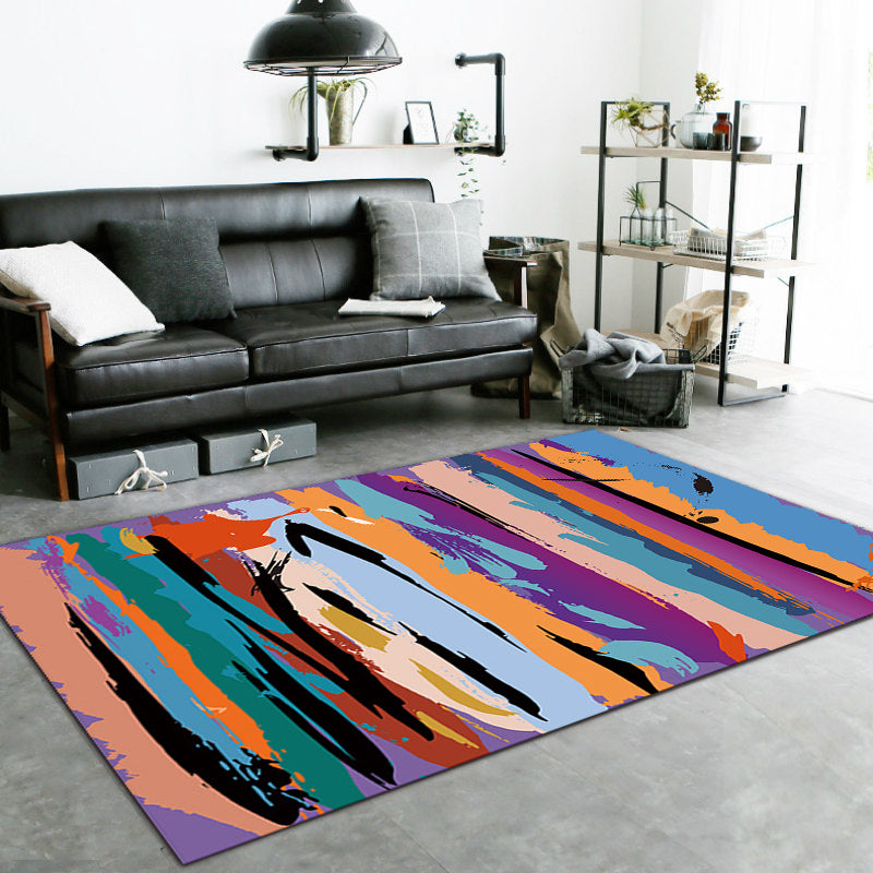 Purple Bedroom Rug Modern Abstract Painting Pattern Area Rug Polyester Non-Slip Stain-Resistant Carpet