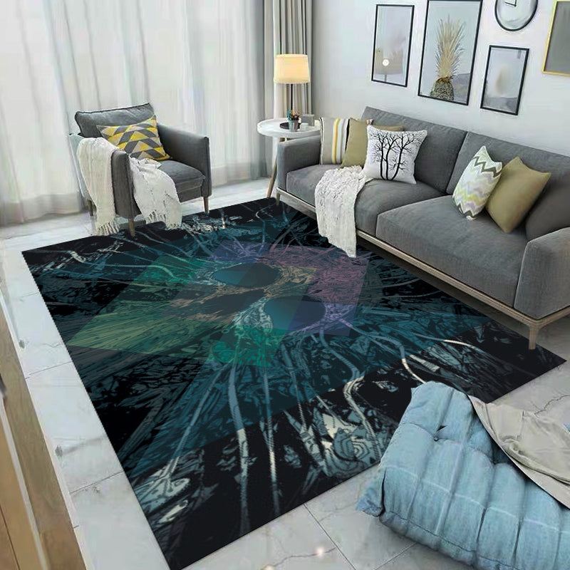 Modern Living Room Rug in Black Skull Diamond Print Rug Polyester Anti-Slip Pet Friendly Area Rug
