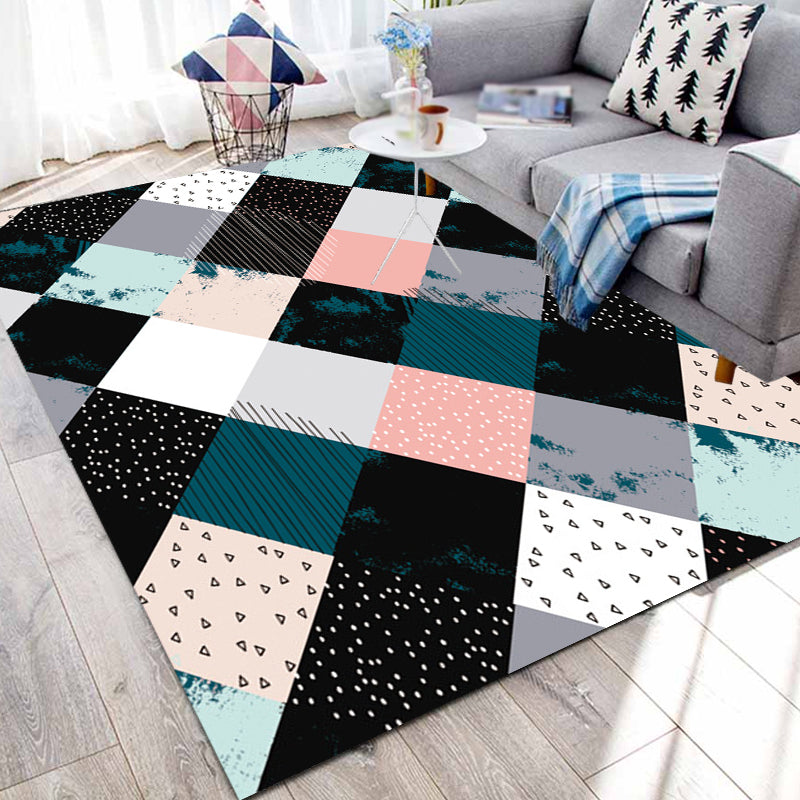 Multicolored Bedroom Rug Modern Geometric Square Pattern Area Rug Polyester Washable Pet Friendly Carpet