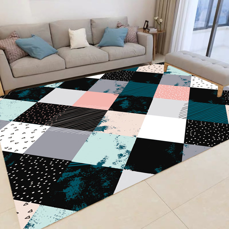 Multicolored Bedroom Rug Modern Geometric Square Pattern Area Rug Polyester Washable Pet Friendly Carpet