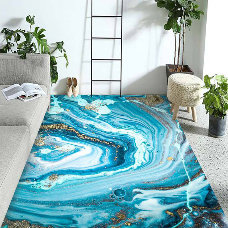 Modern Living Room Rug in Gold and Blue Abstract Twisted Line Print Rug Polyester Pet Friendly Area Rug
