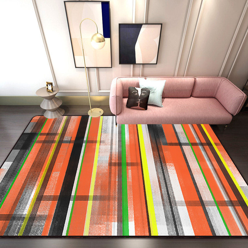 Minimalist Modern Rug in Orange and Blue Abstract Stripe Pattern Rug Polyester Washable Carpet for Home Decoration