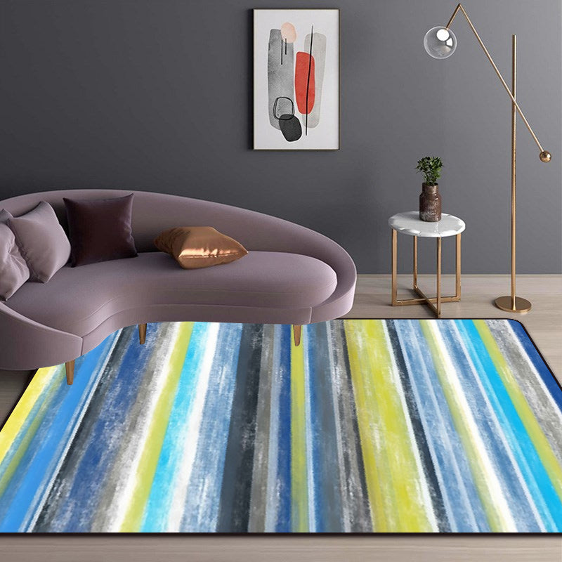 Minimalist Modern Rug in Orange and Blue Abstract Stripe Pattern Rug Polyester Washable Carpet for Home Decoration