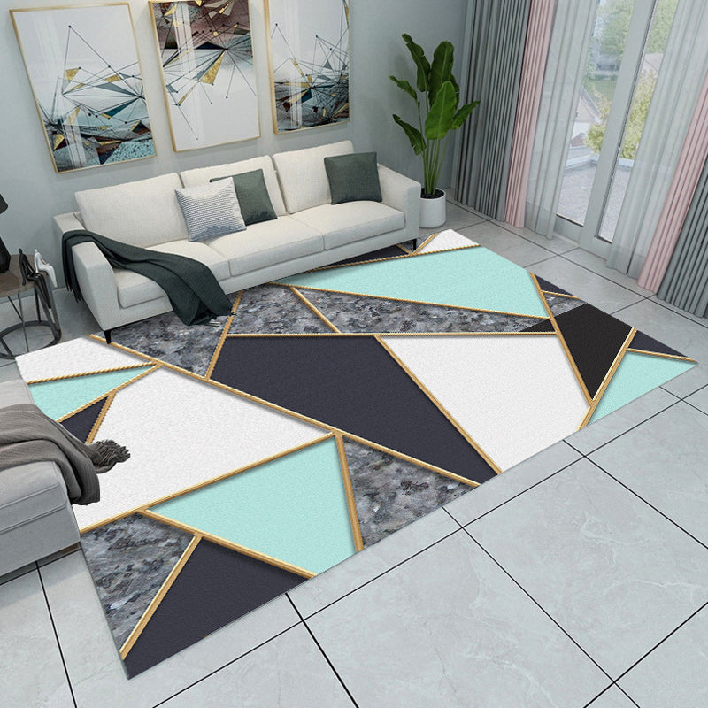 Modern Living Room Rug in Blue and Grey Color Block Triangle Print Rug Polyester Machine Non-Slip Area Rug