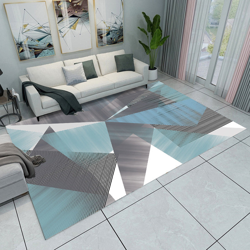 Contemporary Modern Rug in Green and Blue Colorblock Geometry Pattern Rug Polyester Washable Carpet for Home Decoration