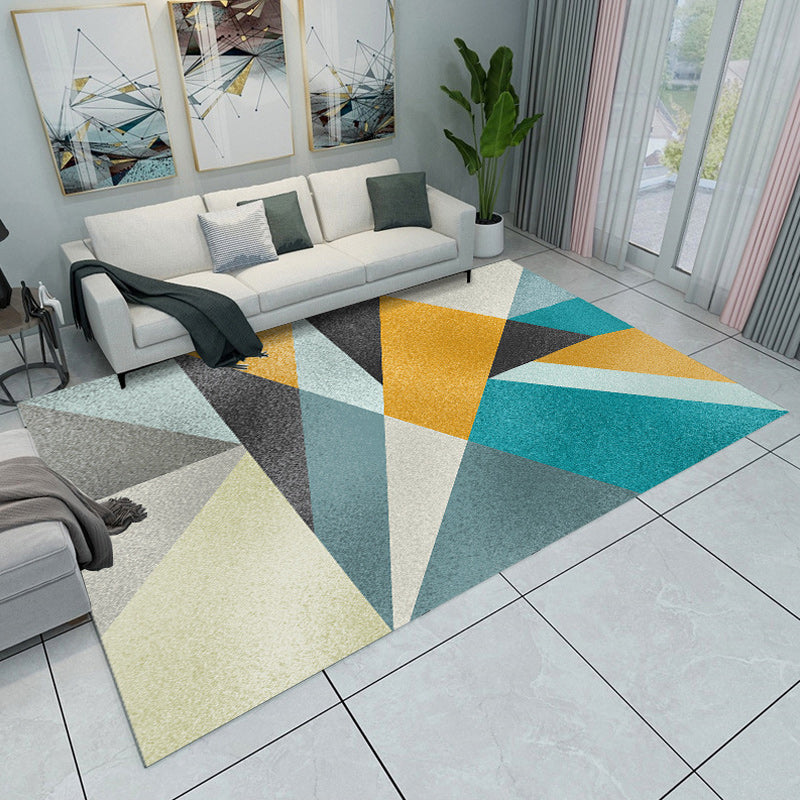 Contemporary Modern Rug in Green and Blue Colorblock Geometry Pattern Rug Polyester Washable Carpet for Home Decoration