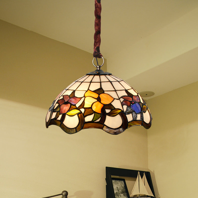 White 3 Heads Suspension Lumière Tiffany Style Verre de vitrail lampe de lustre festonnée