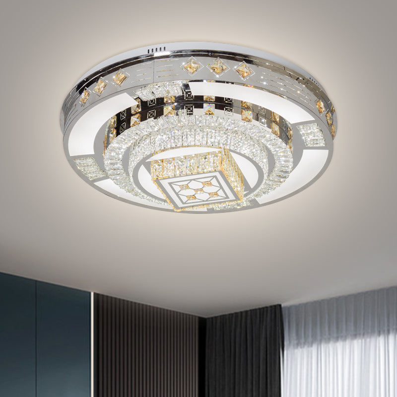 Chrome LED Round Flush Mount Lighting Modernist Faceted Crystal Ceiling Fixture in Warm/White Light, 19.5"/31.5" Wide
