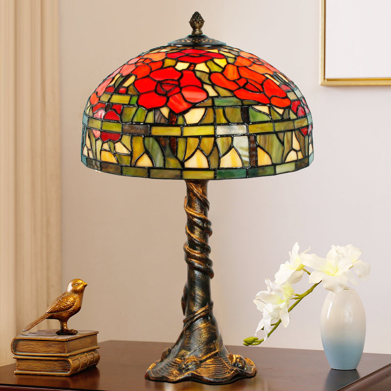 Dome Desk Lamp Tiffany-Style Multicolored Stained Glass 1-Light Green-Red Task Lighting with Trunk Base