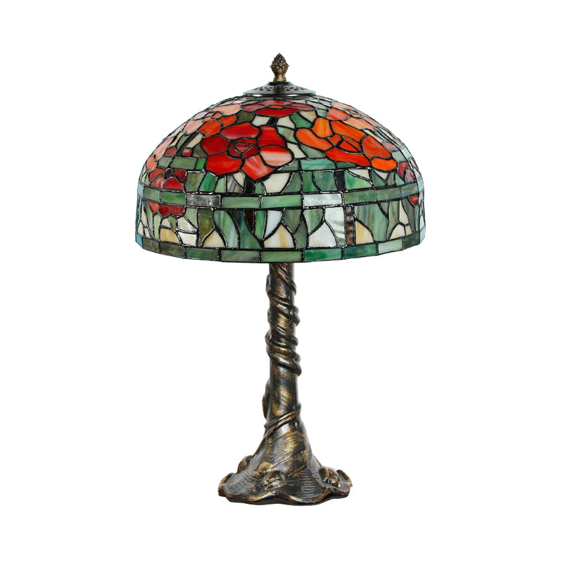 Dome Desk Lamp Tiffany-Style Multicolored Stained Glass 1-Light Green-Red Task Lighting with Trunk Base