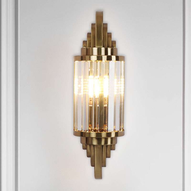 Clear Crystal Cylinder Wall Light Sconce Modern 1 Bulb Brass Flush Mount Wall Sconce for Bedside
