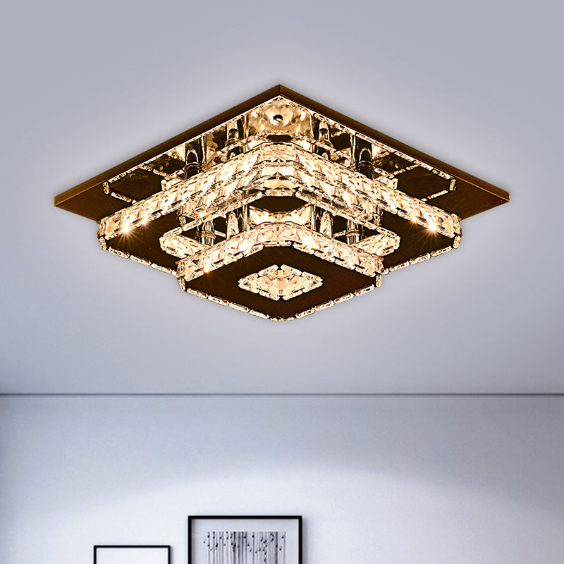 2-Tier Square Crystal Ceiling Fixture Contemporary 12"/26.5" Wide Stainless-Steel LED Flush Mount Lighting