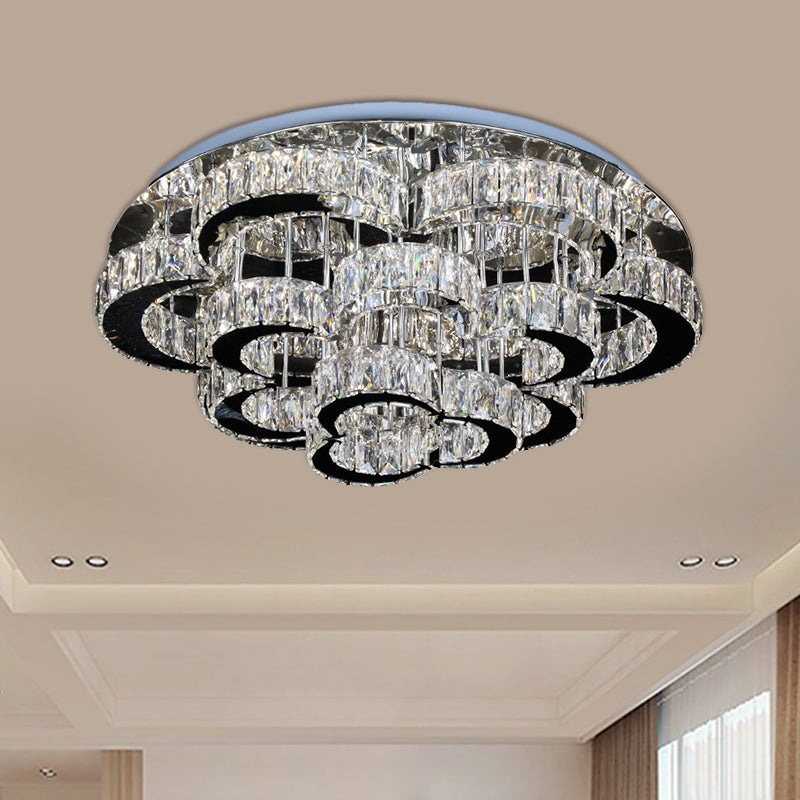 Tiered Floral Semi Flush Mount Modernist Crystal LED Parlor Ceiling Fixture in Chrome, Remote Control Stepless Dimming Light