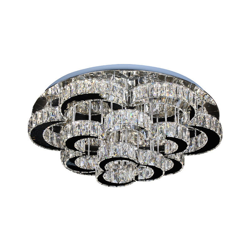 Tiered Floral Semi Flush Mount Modernist Crystal LED Parlor Ceiling Fixture in Chrome, Remote Control Stepless Dimming Light