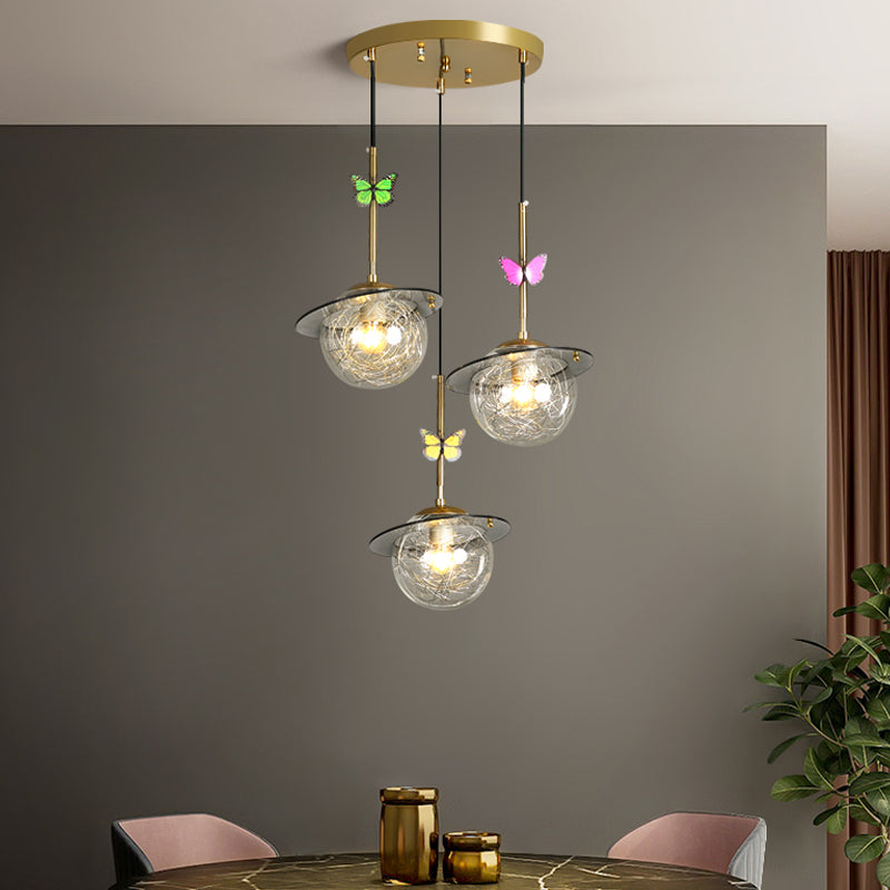 Opal Glass Global Hanging Light Cartoon 3-Bulb Wit/Duidelijke/rokerige hangersverlichting met ronde/lineaire luifel en Dragonfly Deco