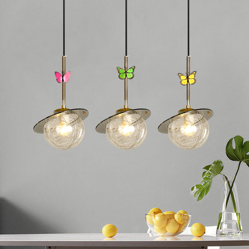 Opal Glass Global Hanging Light Cartoon 3-Bulb Wit/Duidelijke/rokerige hangersverlichting met ronde/lineaire luifel en Dragonfly Deco
