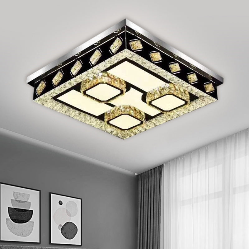 Square Flush Light Fixture Modern Clear Crystal Living Room LED Ceiling Lamp in Nickel with Leaf/Cubic Pattern