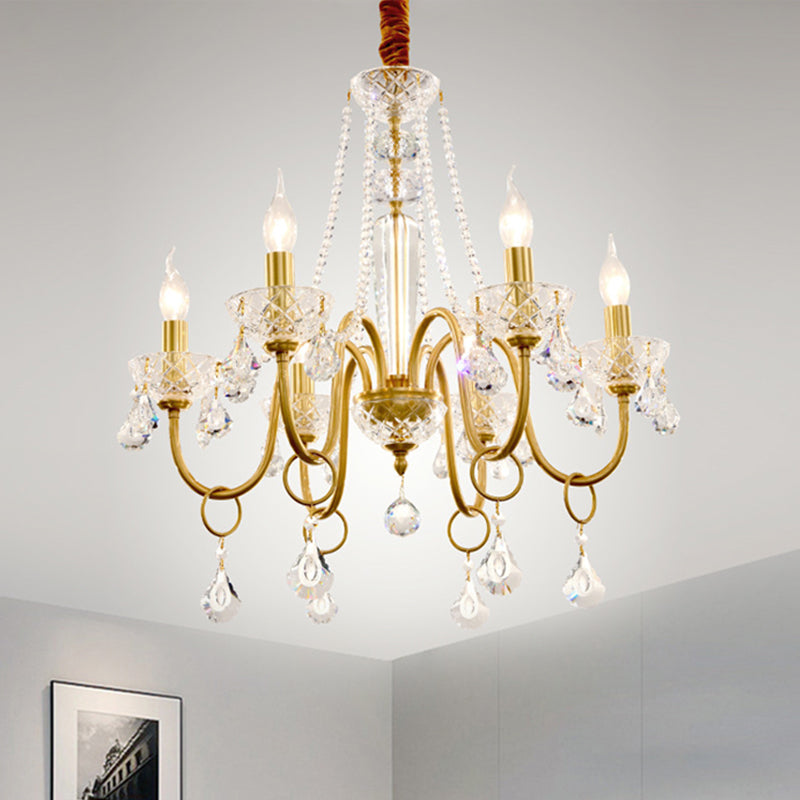 Gouden wervelde arm hanger kroonluchter kroonluchter eenvoudige 6-bulb metalen hangende lamp met kristaldruppel