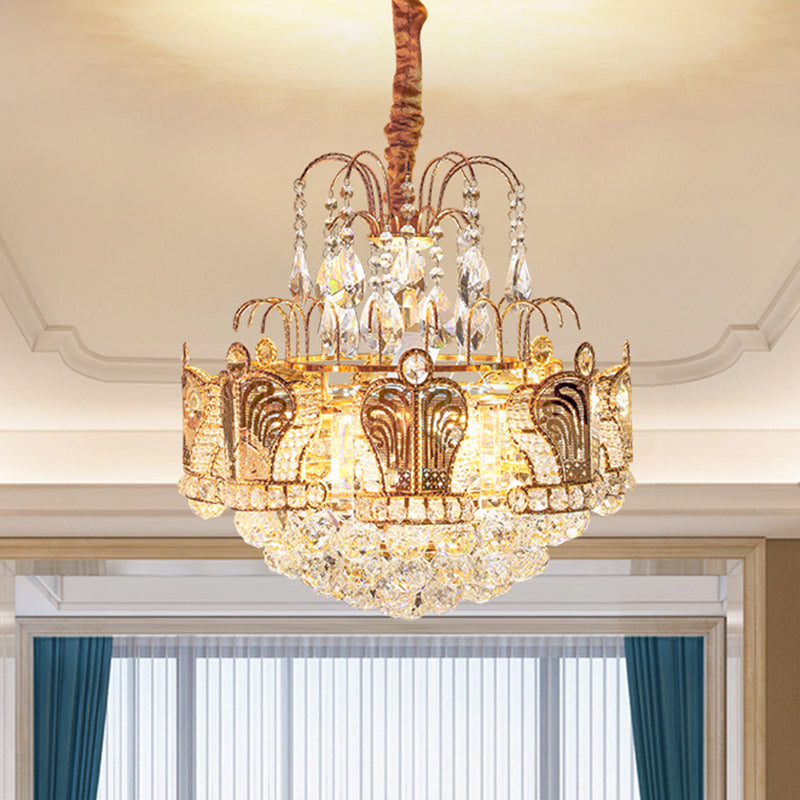 6 hoofden woonkamer kroonluchter licht eenvoudige gouden ophanging hanger met trapsgewijze kristallen bol schaduw