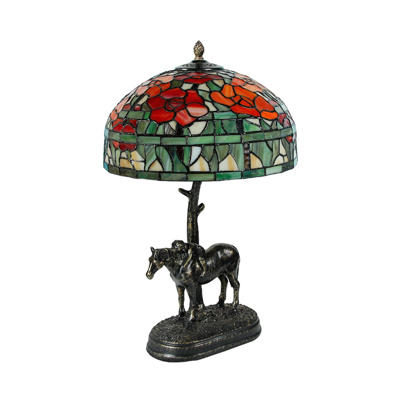 1 tavolo da testa lampada da comtore in resina antico cavallo antico con tonalità in vetro a cupola in bronzo
