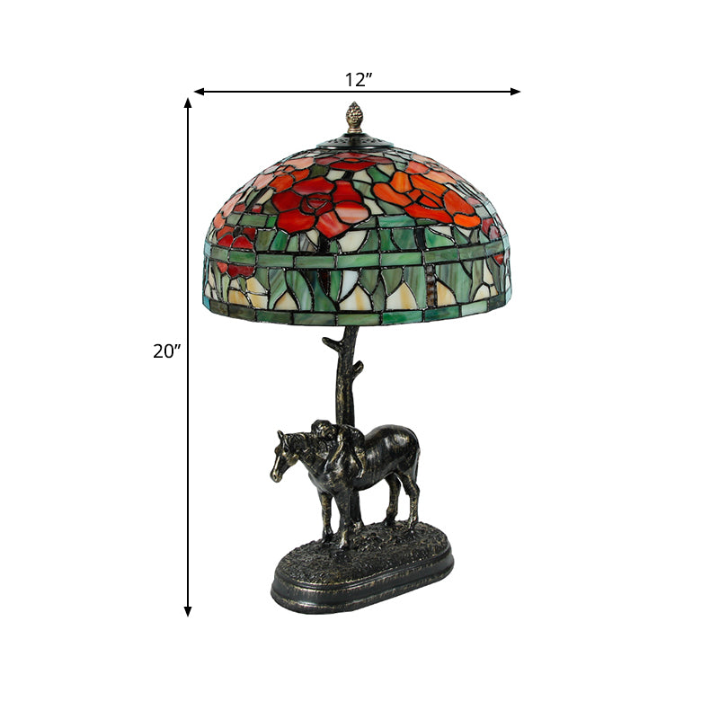 1 tavolo da testa lampada da comtore in resina antico cavallo antico con tonalità in vetro a cupola in bronzo