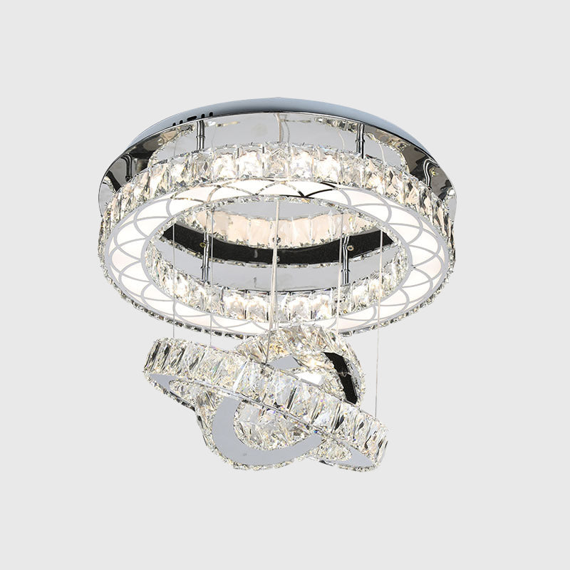Crystal Block Rings Semi-Flush Mount Minimalism LED Close to Ceiling Lighting in Chrome, Warm/White Light