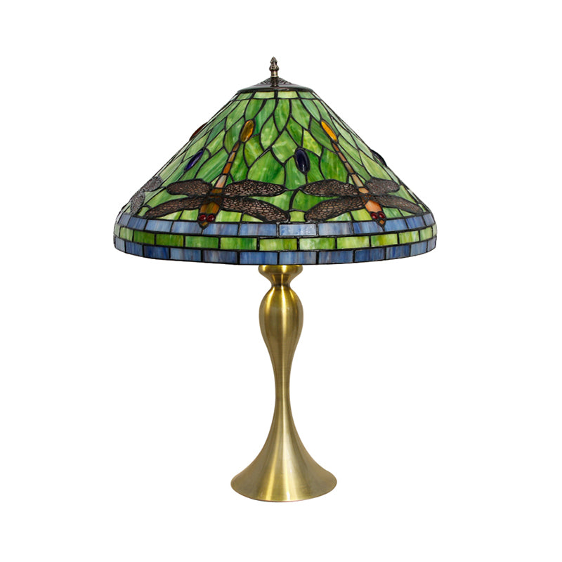 Conic Empire Tischlampe 1 Glühbirnen handgefertigtes Kunstglas antikes Nachttischlicht mit Libellenmuster im Messing