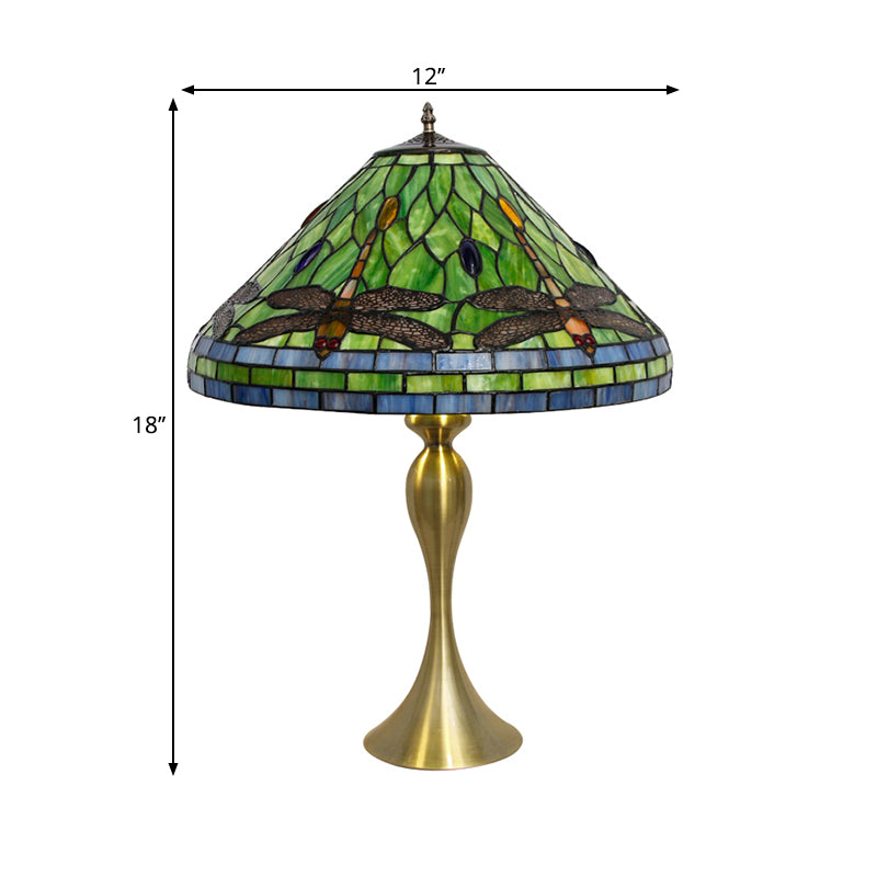 Conic Empire Tischlampe 1 Glühbirnen handgefertigtes Kunstglas antikes Nachttischlicht mit Libellenmuster im Messing