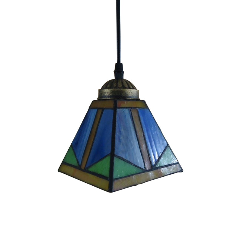 1-Light Dining Room Pendant Lighting Tiffany Blue Hanging Ceiling Light with Geometric/Boat Stained Glass Shade