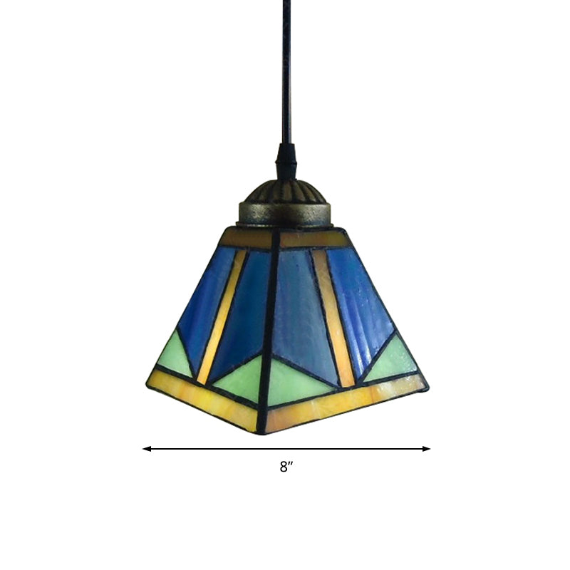 1-Light Dining Room Pendant Lighting Tiffany Blue Hanging Ceiling Light with Geometric/Boat Stained Glass Shade