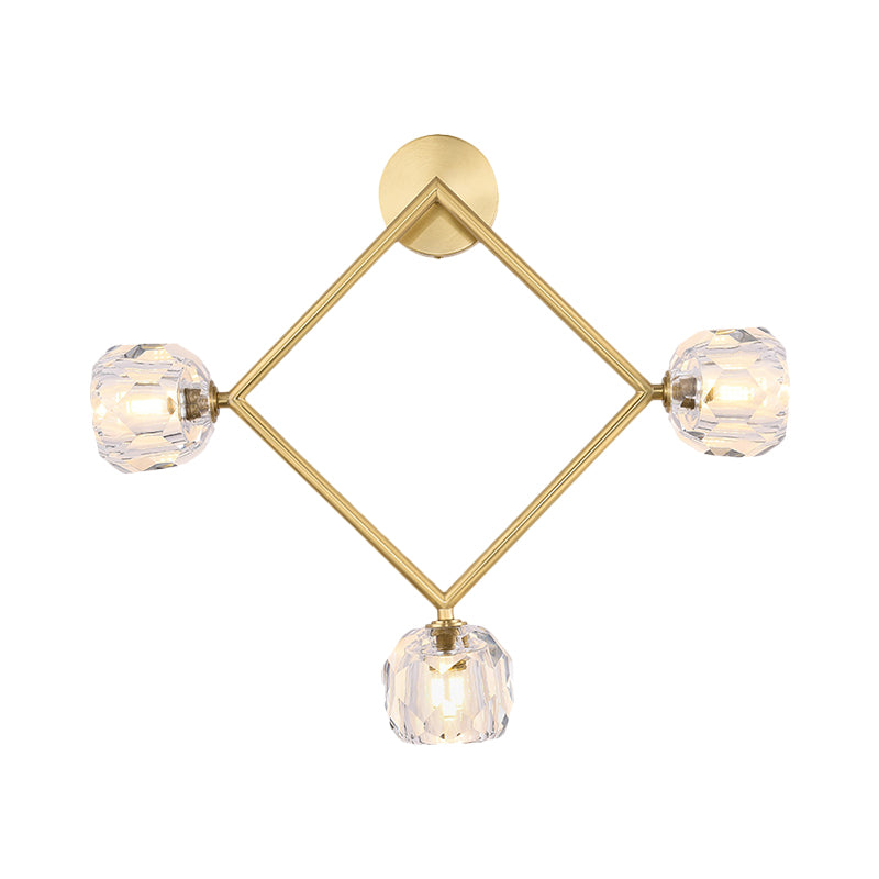 Ring/Square Wall Light Fixture Contemporary 3 Heads Brass Finish Wall Sconce with Modo Clear Crystal Shade