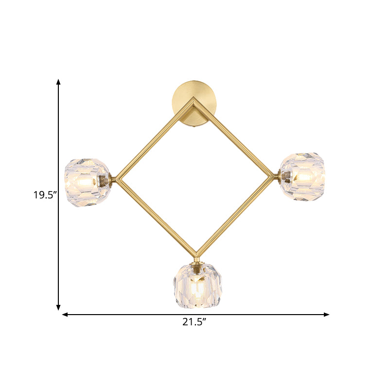 Ring/Square Wall Light Fixture Contemporary 3 Heads Brass Finish Wall Sconce with Modo Clear Crystal Shade