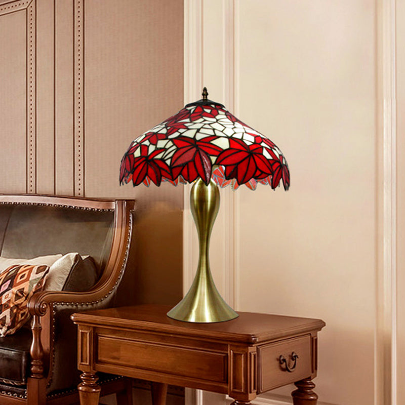 Lampe de bureau de bol à bord à feuilles traditionnelles 1 ampoule artisanale la nuit de nuit en vitrail avec chaînes de traction en rouge