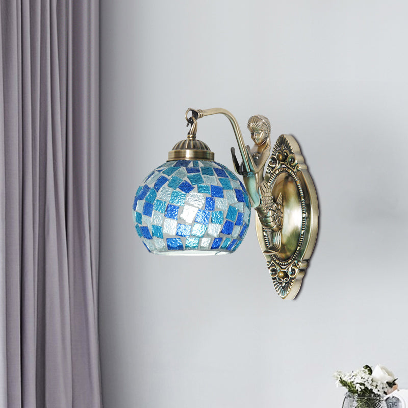 Cut Glass Global Wall Light Fixture Tiffany 1/2-Bulb Blue Wall Mount Lamp with Mermaid Design